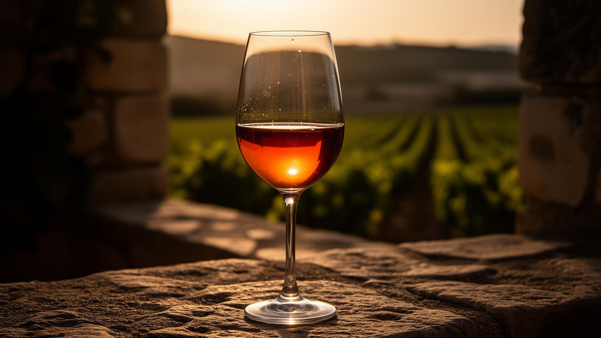 A glass of amber Commandaria wine catching the Cypriot sunset
