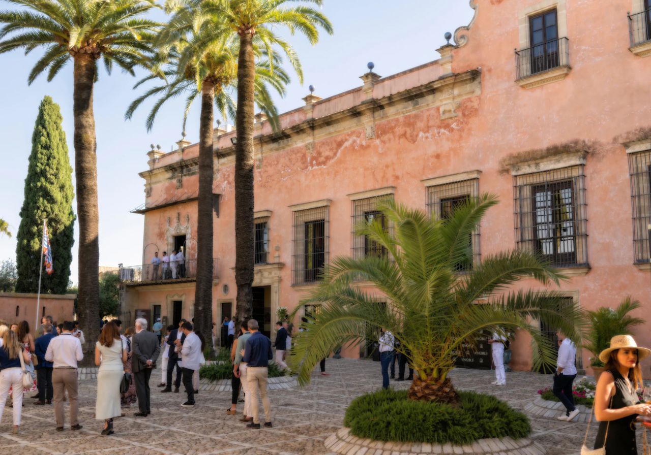 Guests gathering at the Alcázar de Jerez palace courtyard for Vinoble